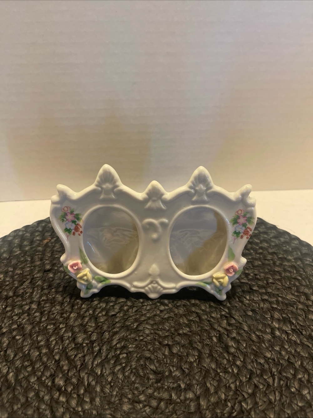 Vintage Ornate Double Oval Porcelain Photo Frame with Floral Accents